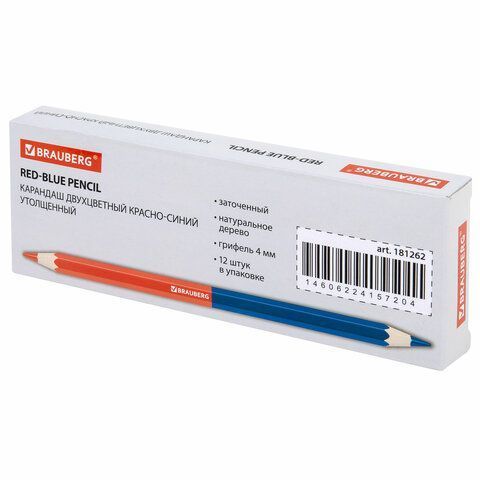 Карандаш двухцветный КРАСНО-СИНИЙ УТОЛЩЕННЫЙ BRAUBERG заточенный, грифель 4,0 мм (вывод)