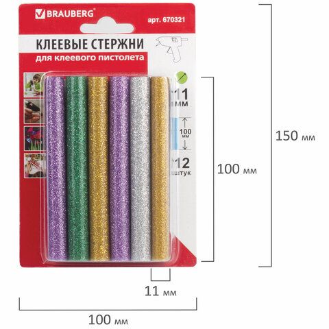 Клеевые стержни, диаметр 11мм, длина 100мм,цветные (ассорти),С БЛЕСТКАМИ,КОМПЛЕКТ 12шт,6цв, BRAUBERG