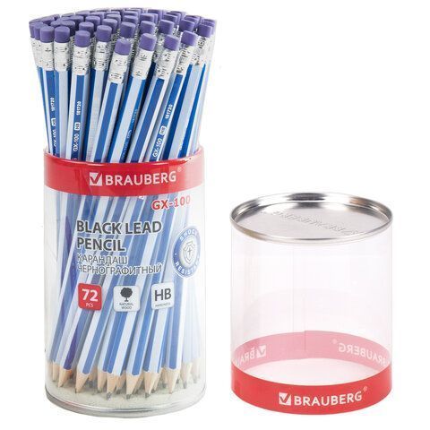 Карандаш ч/гр HB с ластиком дерево корпус синий GX-100 BRAUBERG 1/72