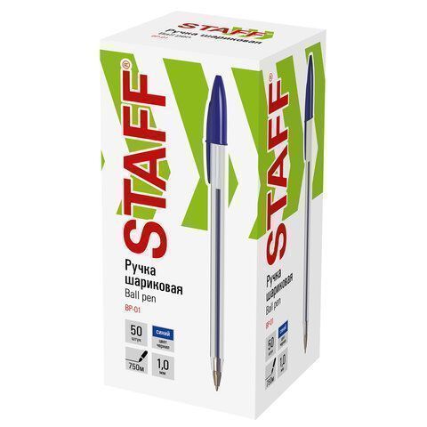 Ручка шариковая синяя узел 1мм линия 0,5мм корпус прозр STAFF Basic BP-01 1/50/2000