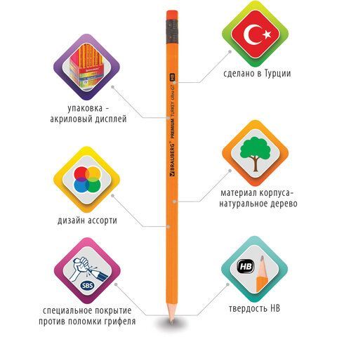 Карандаш ч/гр HB с резинкой, ассорти BRAUBERG PREMIUM TURKEY 1/72